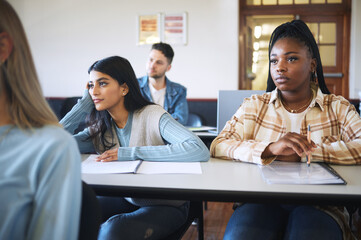 Poster - Students, diversity and listening in classroom lesson or lecture on university, college or school campus for education, learning or study. Women, man and scholarship paper research or exams schedule