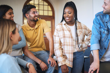 Canvas Print - University, project and group of students in discussion for research, study or information in classroom. Happy, diversity and friends talking on education, learning and scholarship on college campus.