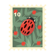 Post Stamp With Bright Red Ladybug With Black Spots Cartoon Illustration. Beautiful Cute Postage Stamp On Nature Theme For Envelopes. Mail, Post Office Concept