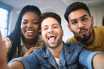 Sticker - Comic, selfie and portrait of friends at university with funny face expression in humor, fun and crazy picture. Education, diversity and happy group of students at college, school and academic campus