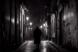 Fototapeta Uliczki - In the depths of a moonless night, you find yourself standing in an abandoned city. The streets are empty and quiet, except for the sound of your own footsteps echoing off the crumbling buildings. The