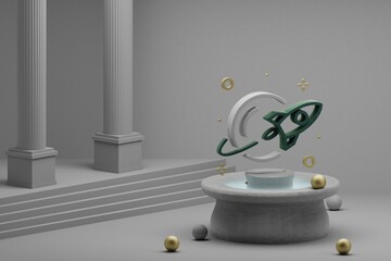 Aufkleber - Beautiful abstract illustrations Rocket and start symbol icon on a fountain and column background. 3d rendering illustration. Background pattern for design. Space exploration.