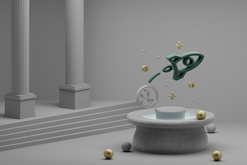 Poster - Beautiful abstract illustrations Rocket Launch and start symbol icon on a fountain and column background. 3d rendering illustration. Background pattern for design. Space exploration.