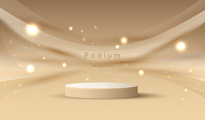 Christmas Podium. Studio with empty place to display product with gold podium vector background. Luxury place with golden stage and blurred waves wall design.	