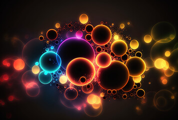 Poster - bokeh style neon abstract circles. beautiful particle based backdrop. generative ai