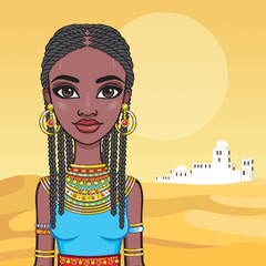 Wall Mural - Animation portrait of a young African woman with dreadlocks. Background - landscape desert, ancient house. Vector illustration.	
