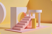 An Abstract Of A Yellow Platform Set Against A Pastel Pink Background. Generative AI