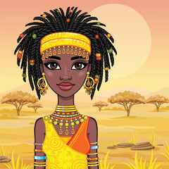 Animation portrait of the girl  amazon. Background - a landscape of the African savanna. Vector illustration.