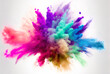 Powder in an abstract, vibrant hue over a white background. colored clouds. Abstract color powder splatters on a white background with a freeze frame of a color powder explosion and a glitter texture