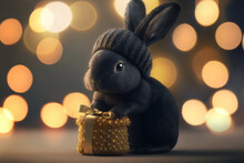 Funny Cute Black Rabbit With A Knitted Hat Holds A Golden Gift With Bow On The Background Of Yellow Bokeh Lights. New Year 2023