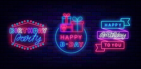 Wall Mural - Birthday party neon signs collection. B-Day celebration. Colorful ribbon and vintage frame. Vector illustration