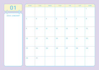 January 2023 simple design digital and printable calendar template illustration. Notes, scheduler, diary, calendar, memo, planner document template background. 