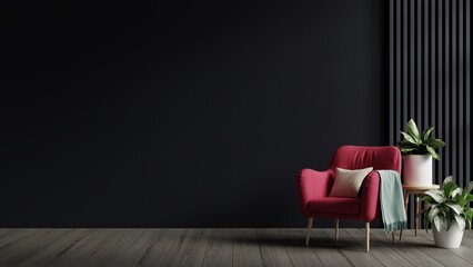Dark wall background mockup with viva magenta armchair furniture and decor of the year 2023.