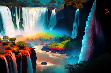 Wall Mural - Fantasy scene, wild waterfalls in the jungle. game design inspiration. sketch art for artist creativity and inspiration. generative AI