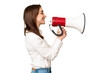© luismolinero - Young caucasian woman over isolated chroma key background shouting through a megaphone
