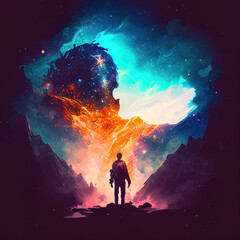 Wall Mural - God silhouette against the background of space and galaxies. sketch art for artist creativity and inspiration. generative AI
