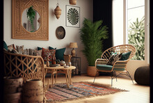 A Cozy Living Room With A Boho Ethnic Interior Design. Apartment With Rattan Furniture, Bamboo Coffee Table, Carpet On Hardwood Floor, And Armchair With Cushions. Generative AI