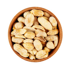 Wall Mural - Peanuts, roasted and salted, in wooden bowl isolated on white background. Shelled Arachis hypogaea, also called groundnut and goober, used as a snack. File contains clipping path.