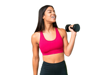 Wall Mural - Young African American woman sport woman making weightlifting over isolated chroma key background laughing