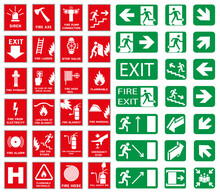 Fire Safety Icon Set. Collection Of Fire Danger Signs And Equipment.