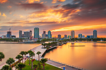 Sticker - St. Pete, Florida, USA Cityscape on the Bay at Dusk