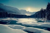 Fototapeta  - Beautiful snowy landscape with forest, river, mountain, valley and road.