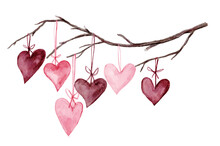 Hearts On Branch In Pink And Red, Watercolor Element Clip Art For Valentines Day And Wedding Graphic Designs