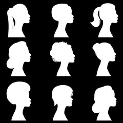 Wall Mural - a sign of several female silhouettes in profile. vector on isolated background. turn. number. diversity young women for poster or text. elegant background as well.