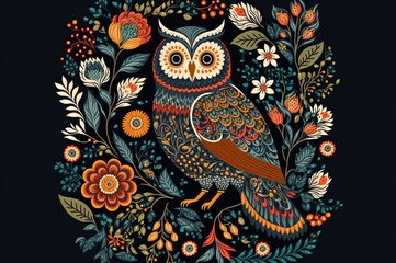 Scandinavian art style illustration of an owl with flower