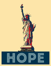 STATUE OF LIBERTY With Banner HOPE, Two Tone Illustration