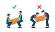© Feodora - Vector of movers workers load heavy boxes safety with correct body ergonomic positions vs wrong posture