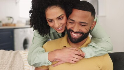 Canvas Print - Love, hug and black couple with laptop on sofa, online shopping or internet browsing. Romance, remote worker and man working on pc with happy woman hugging, cuddle or embrace for support in house.