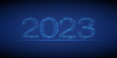 Wall Mural - Abstract happy new year, business of 2023 number low poly design. Futuristic of glowing blue light style. Modern lines dots, wireframe text vector.