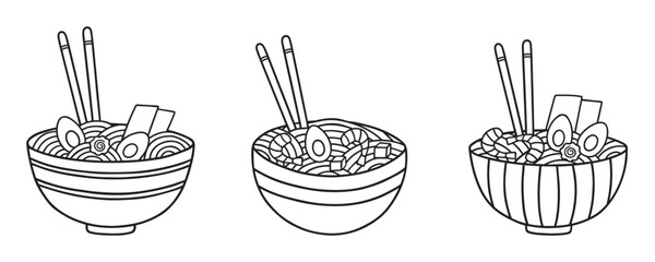 Ramen doodle set. Asian traditional food in sketch style. Japanese cuisine. Hand drawn vector illustration isolated on white background