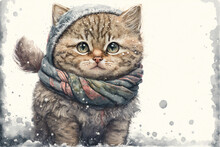 Illustration,Hand-Drawn Watercolor Kitten Wearing Scarf Christmas Festive Winter, Snow,background,generative Ai.