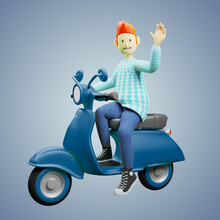 A 3d Character Of A Boy On A Motorcycle Waving