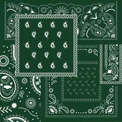 Wall Mural - Green bandana kerchief paisley fabric patchwork abstract vector seamless pattern