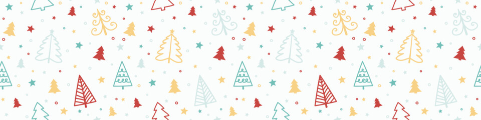 Wall Mural - Christmas pattern with hand drawn trees. Xmas wrapping paper concept. Banner. Vector