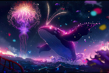 Cosmic whale celebrates New Year, cosmic whale with pink and blue fireworks, spiritual new year, colorful happy new year, fantasy, animé-style, illustration, digital