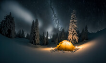 Camping In The Snowy Mountains On A Expedition. Beautiful Winter Nature Landscape. A Pitched Tent Under The Shining Stars Of The Milky Way Night Sky With Snowy Mountains In The Background.
