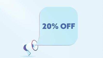 Leinwandbilder - 3d realistic megaphone with 20 percent off speech bubble. Loudspeaker. Discount concept. 4K video animation