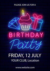 Wall Mural - Birthday party neon poster. Light vertical invitation. Cupcake, diamond and gift box. Vector stock illustration