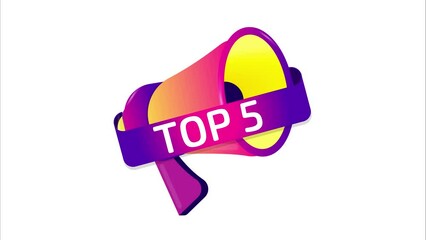 Poster - Top 5 banner. Megaphone with speech bubble in flat style. 4K video animation
