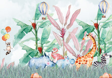 Jungle Illustration For Nursery WallpaperChildren's Watercolor Illustration. Use For Wall Printing.