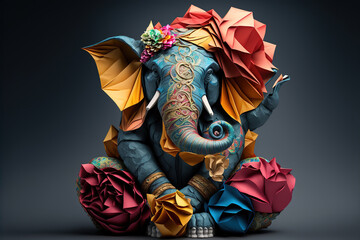 Origami of Indian God Ganesh in colorful flowers craft. Generative AI