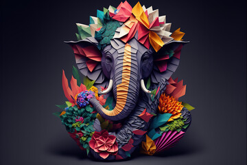 Origami of Indian God Ganesh in colorful flowers craft. Generative AI