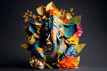 Origami of Indian God Ganesh in colorful flowers craft. Generative AI