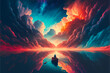 A man rows a boat through a colorful beautiful cloud in outer space, illustration digital generative ai design art style