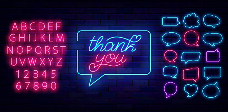 Thank you neon lettering quote in think cloud border. Greeting card with gratitude. Editable stroke. Vector illustration