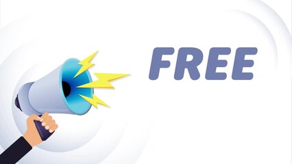 Poster - Hand hold megaphone. Free, realistic 3d megaphone, loudspeaker with lightning. Symbols speaker, social media, advertising and promotion. 4K video animation